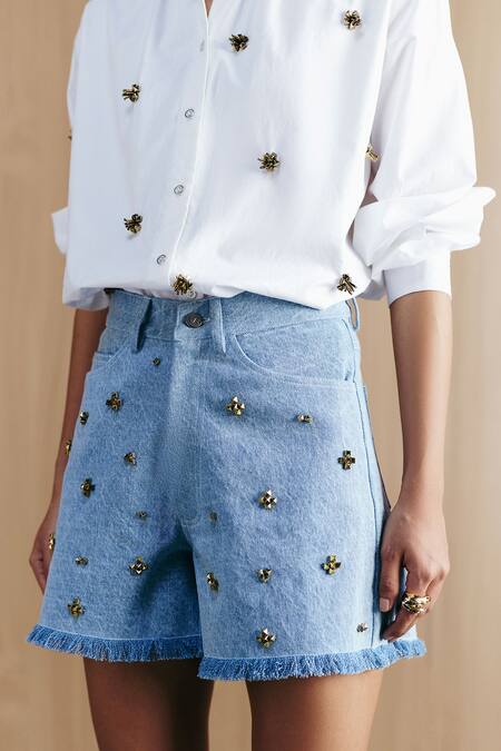 Buy_Mellowdrama_White Cotton Beads Collared Embellished Shirt_Online_at_Aza_Fashions