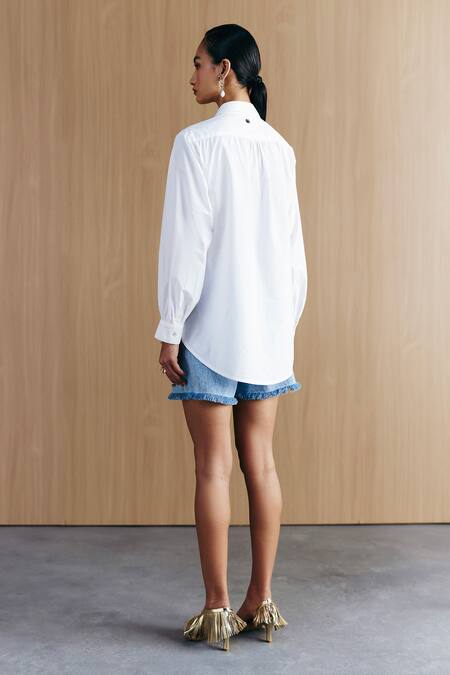 Mellowdrama_White Cotton Beads Collared Embellished Shirt_at_Aza_Fashions