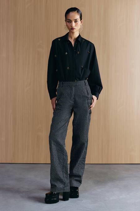 Mellowdrama_Black Cotton Embroidery Collared Embellished Shirt_Online_at_Aza_Fashions