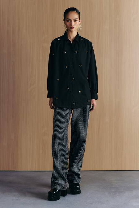 Buy_Mellowdrama_Black Cotton Embroidery Collared Embellished Shirt_Online_at_Aza_Fashions