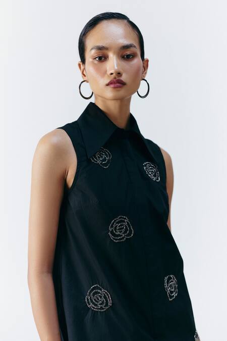 Mellowdrama Black Cotton Embroidery Collared Floral Embellished Shirt Dress Online at Aza Fashions Mellowdrama_Black Cotton Embroidery Collared Floral Embellished Shirt Dress_Online_at_Aza_Fashions