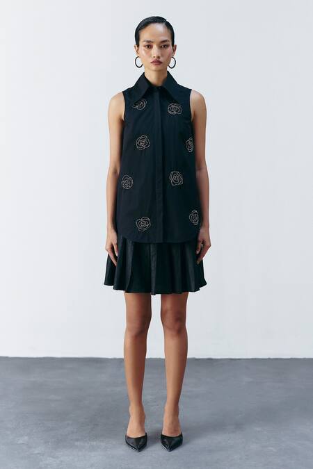 Buy Mellowdrama Black Cotton Embroidery Collared Floral Embellished Shirt Dress Online at Aza Fashions Buy_Mellowdrama_Black Cotton Embroidery Collared Floral Embellished Shirt Dress_Online_at_Aza_Fashions