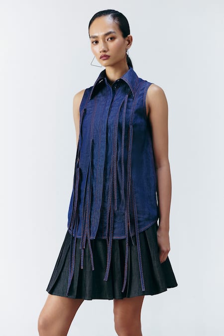Mellowdrama Blue Cotton Fringe Collared Denim Shirt 