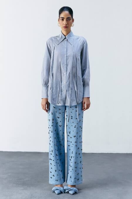 Mellowdrama_Blue Cotton Fringe Collared Lurex Stripe Shirt_Online_at_Aza_Fashions