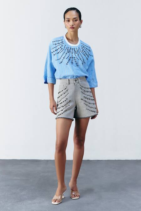 Mellowdrama_Blue Cotton Studs Round Neck Sunray Studded Stripe Top_Online_at_Aza_Fashions