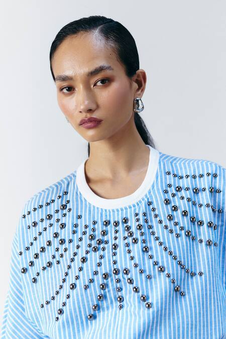 Buy_Mellowdrama_Blue Cotton Studs Round Neck Sunray Studded Stripe Top_Online_at_Aza_Fashions