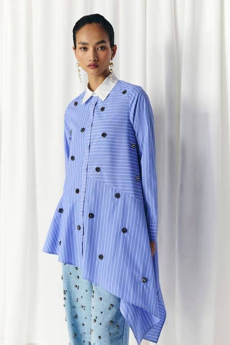 Mellowdrama Blue Cotton Embroidery Collared Asymmetric Stripe Studded Shirt 