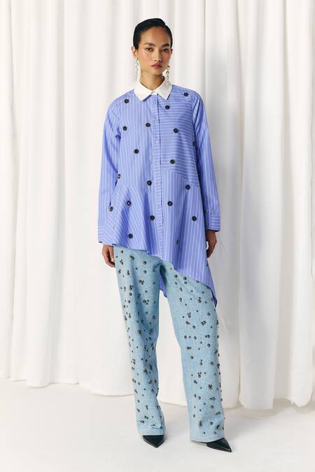 Mellowdrama_Blue Cotton Embroidery Collared Asymmetric Stripe Studded Shirt_Online_at_Aza_Fashions