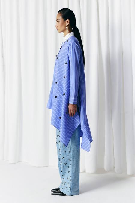 Buy_Mellowdrama_Blue Cotton Embroidery Collared Asymmetric Stripe Studded Shirt_Online_at_Aza_Fashions