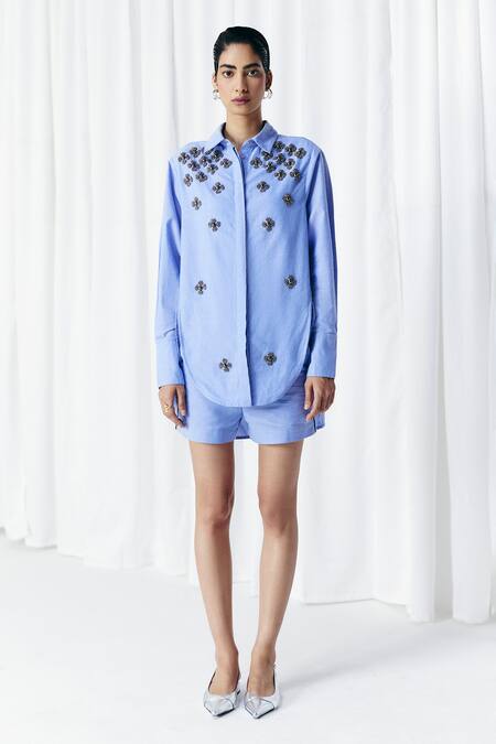 Mellowdrama_Blue Cotton Embroidery Collared Chambray Floral Embellished Shirt_Online_at_Aza_Fashions