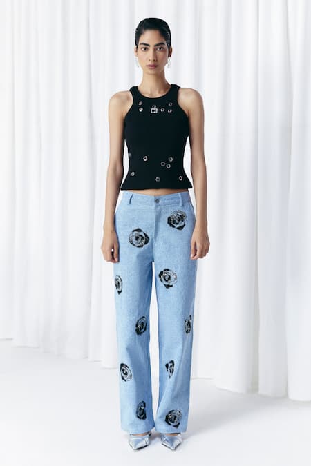 Mellowdrama Black Cotton Round Neck Eyelet Rib Top 