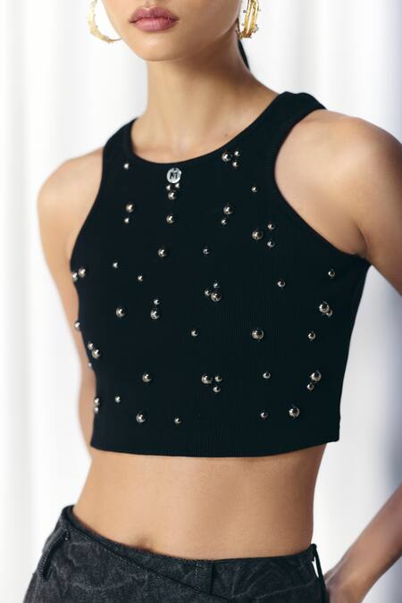 Mellowdrama_Black Cotton Studs Round Neck Studded Rib Crop Top_Online_at_Aza_Fashions