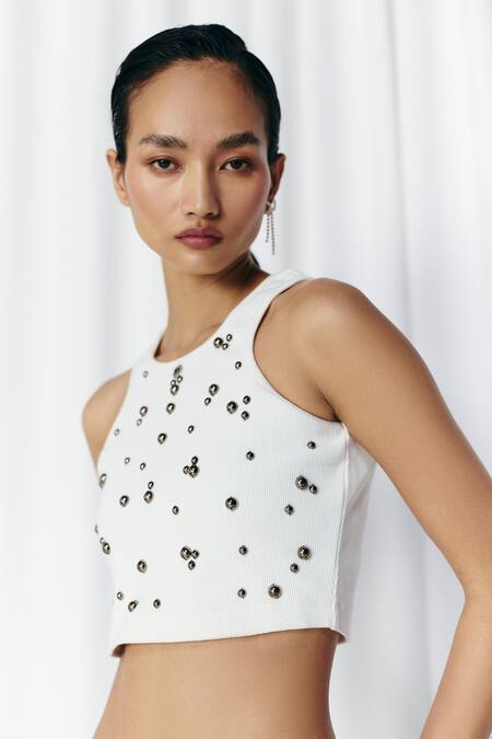 Buy_Mellowdrama_White Cotton Studs Crew Neck Studded Rib Crop Top_Online_at_Aza_Fashions