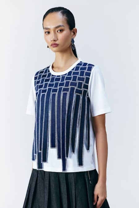 Mellowdrama White Cotton Crew Neck Weave Work T-shirt 
