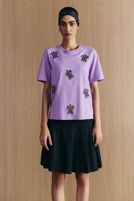 Mellowdrama Lilac Cotton Embroidery Turtle Neck Embellished T-shirt 