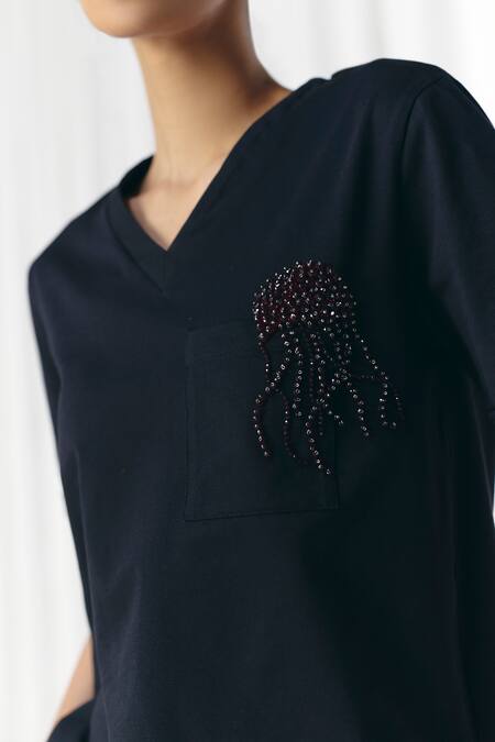 Mellowdrama_Black Cotton Beads V-neck Jellyfish Embellished T-shirt_Online_at_Aza_Fashions