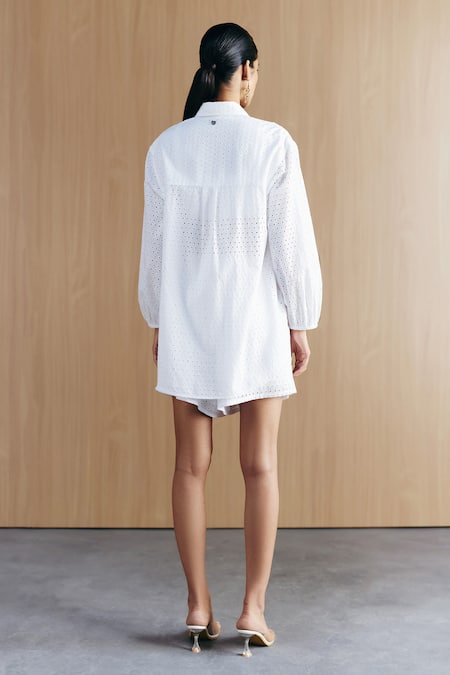 Buy_Mellowdrama_White Cotton Embroidery Schiffli Embellished Shorts_Online_at_Aza_Fashions