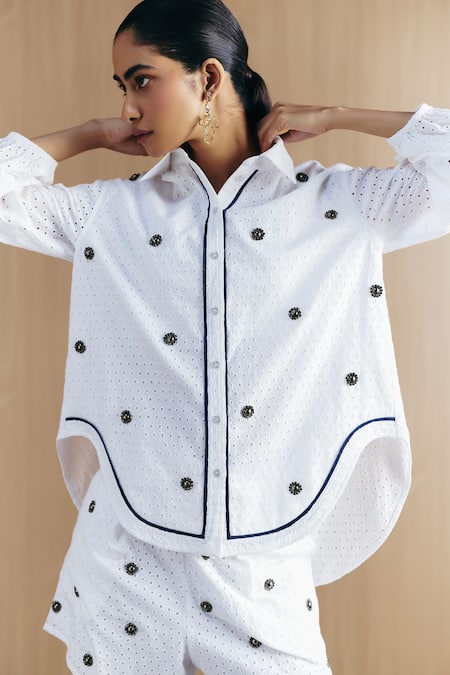 Mellowdrama White Cotton Embroidery Collared Schiffli Embellished Shirt 