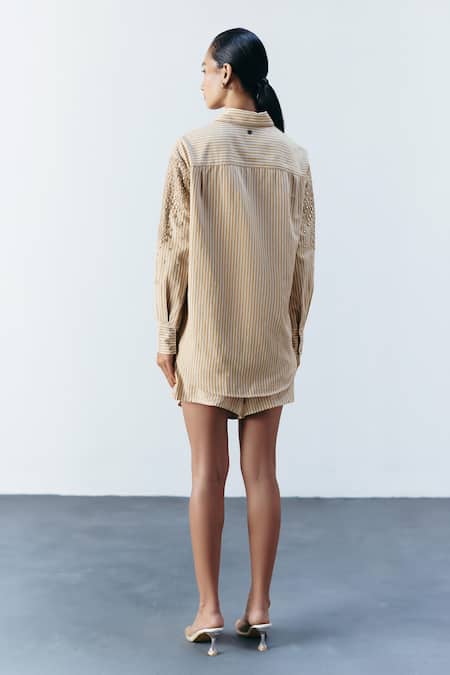 Mellowdrama_Beige Cotton Mirrors Collared Stripe Embellished Coord Set_Online_at_Aza_Fashions