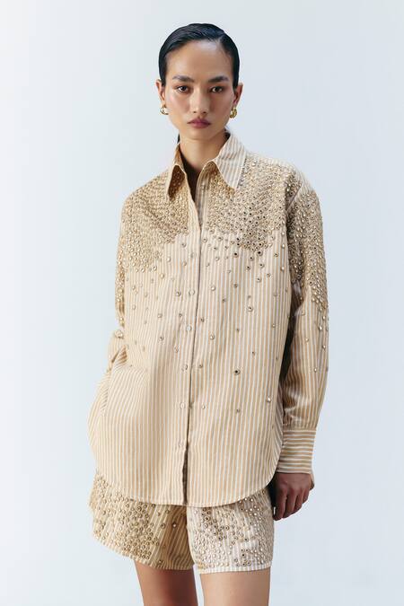 Mellowdrama_Beige Cotton Mirrors Collared Stripe Embellished Coord Set_at_Aza_Fashions