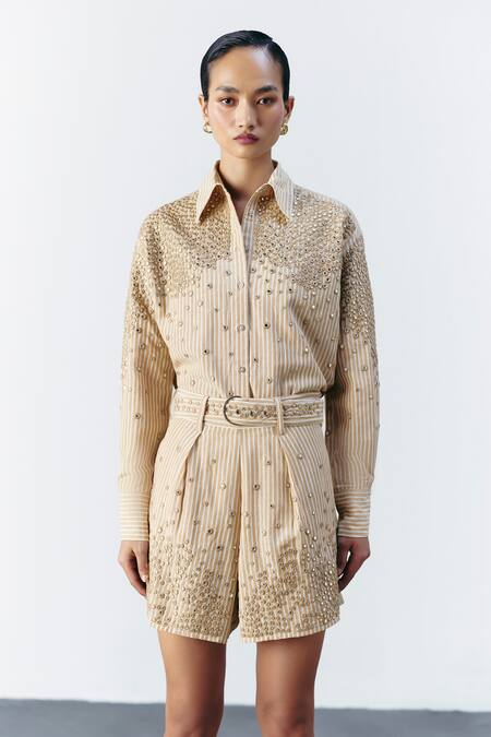 Buy_Mellowdrama_Beige Cotton Mirrors Collared Stripe Embellished Coord Set