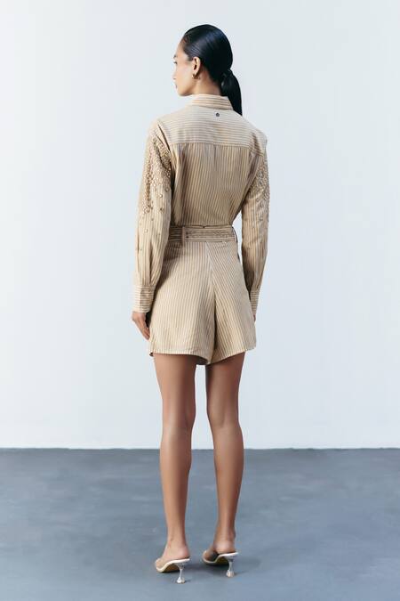 Shop Mellowdrama Beige Cotton Mirrors Collared Stripe Embellished Shirt at Aza Fashions Shop_Mellowdrama_Beige Cotton Mirrors Collared Stripe Embellished Shirt_at_Aza_Fashions