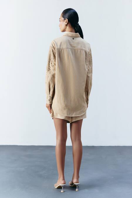 Mellowdrama Beige Cotton Mirrors Collared Stripe Embellished Shirt Online at Aza Fashions Mellowdrama_Beige Cotton Mirrors Collared Stripe Embellished Shirt_Online_at_Aza_Fashions