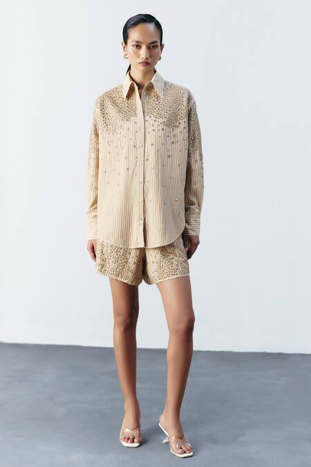 Buy Mellowdrama Beige Cotton Mirrors Collared Stripe Embellished Shirt Online at Aza Fashions Buy_Mellowdrama_Beige Cotton Mirrors Collared Stripe Embellished Shirt_Online_at_Aza_Fashions