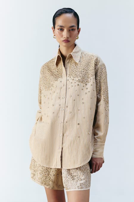 Buy Mellowdrama Beige Cotton Mirrors Collared Stripe Embellished Shirt Buy_Mellowdrama_Beige Cotton Mirrors Collared Stripe Embellished Shirt