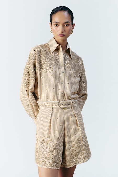 Shop Mellowdrama Beige Cotton Mirrors Collared Stripe Embellished Shirt Shop_Mellowdrama_Beige Cotton Mirrors Collared Stripe Embellished Shirt