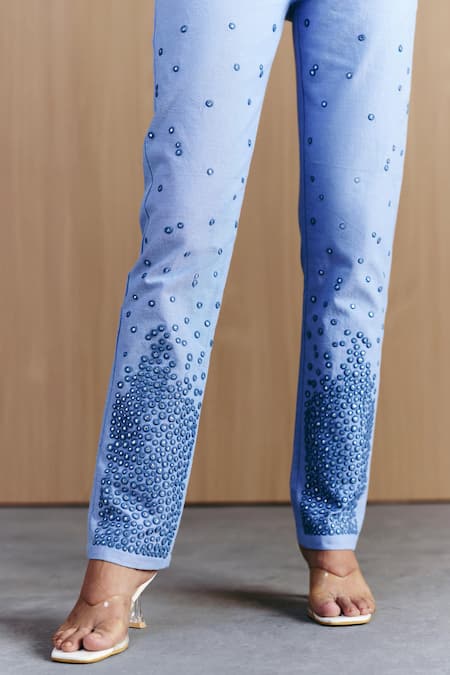 Buy_Mellowdrama_Blue Cotton Mirrors Collared Chambray Embellished Coord Set_Online_at_Aza_Fashions