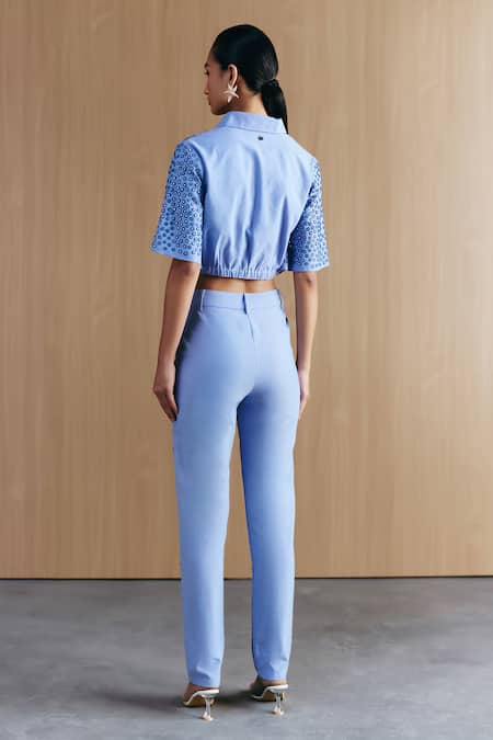 Shop Mellowdrama Blue Cotton Mirrors Collared Chambray Embellished Crop Shirt at Aza Fashions Shop_Mellowdrama_Blue Cotton Mirrors Collared Chambray Embellished Crop Shirt_at_Aza_Fashions
