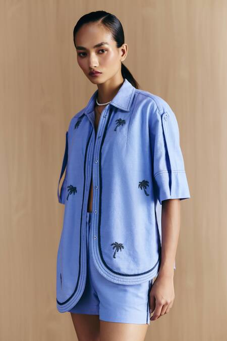 Mellowdrama_Blue Cotton Embroidery Collared, Scoop Neck Chambray Embellished Coordinated Set_at_Aza_Fashions