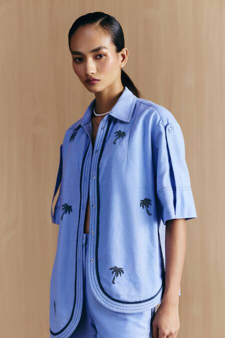 Mellowdrama_Blue Cotton Embroidery Collared Chambray Embellished Hi-low Shirt_Online_at_Aza_Fashions