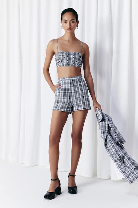Mellowdrama Black Cotton And White Check Shorts 