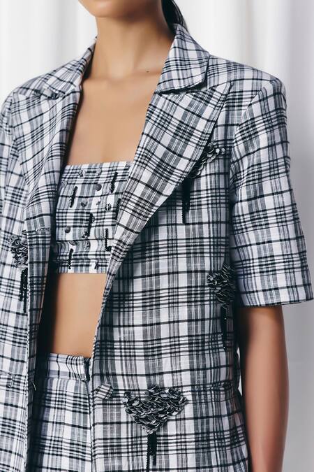 Mellowdrama Black Cotton Embroidery Check Embellished Blazer Online at Aza Fashions Mellowdrama_Black Cotton Embroidery Check Embellished Blazer_Online_at_Aza_Fashions