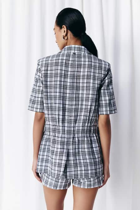 Shop Mellowdrama Black Cotton Embroidery Check Embellished Blazer at Aza Fashions Shop_Mellowdrama_Black Cotton Embroidery Check Embellished Blazer_at_Aza_Fashions