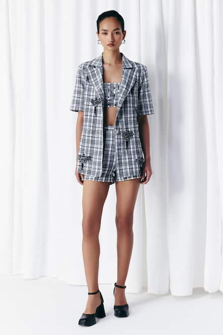 Mellowdrama Black Cotton Embroidery Check Embellished Blazer at Aza Fashions Mellowdrama_Black Cotton Embroidery Check Embellished Blazer_at_Aza_Fashions