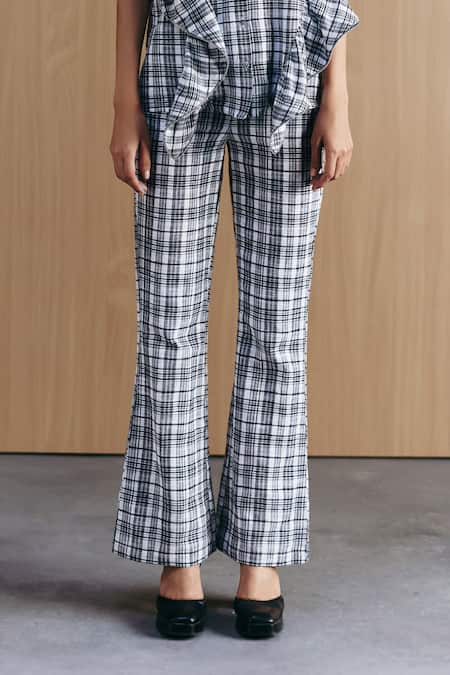 Mellowdrama Black Cotton Collared Check Zipper Frill Pant Set Online at Aza Fashions Mellowdrama_Black Cotton Collared Check Zipper Frill Pant Set_Online_at_Aza_Fashions