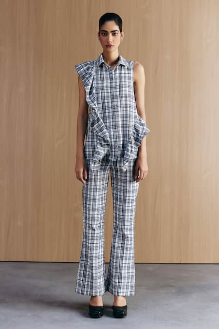 Mellowdrama Black Cotton Ruffles Collared Check Zipper Frill Shirt Online at Aza Fashions Mellowdrama_Black Cotton Ruffles Collared Check Zipper Frill Shirt_Online_at_Aza_Fashions