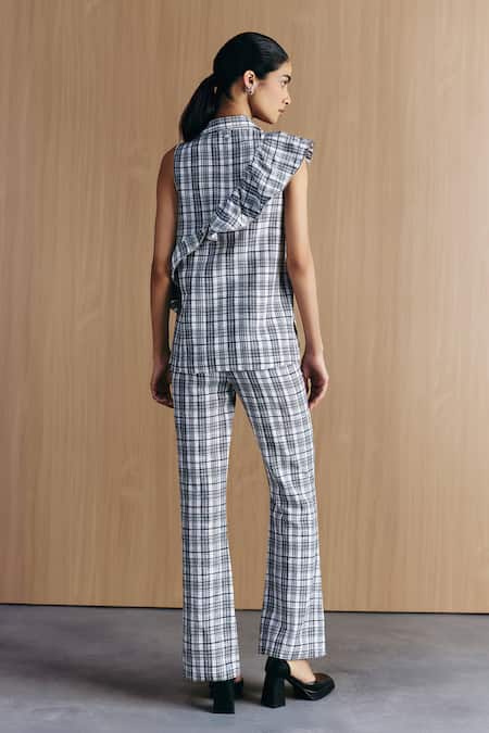 Shop Mellowdrama Black Cotton Ruffles Collared Check Zipper Frill Shirt at Aza Fashions Shop_Mellowdrama_Black Cotton Ruffles Collared Check Zipper Frill Shirt_at_Aza_Fashions