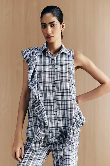 Mellowdrama Black Cotton Ruffles Collared Check Zipper Frill Shirt 