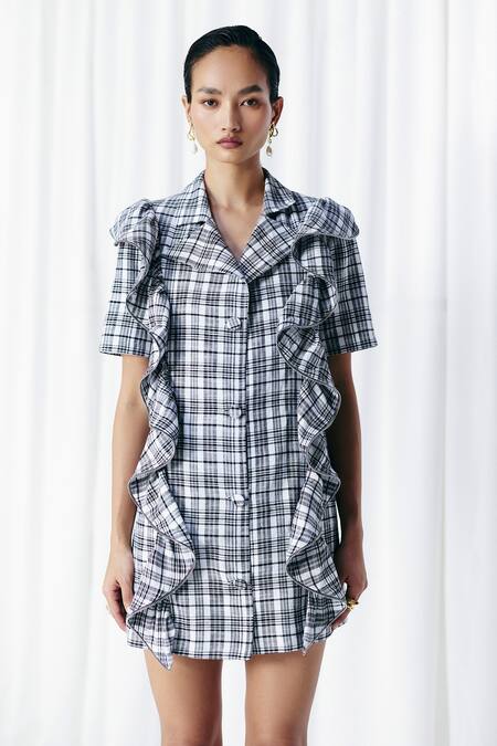 Mellowdrama_Black Cotton Collared Check Zipper Frill Blazer Dress_Online_at_Aza_Fashions