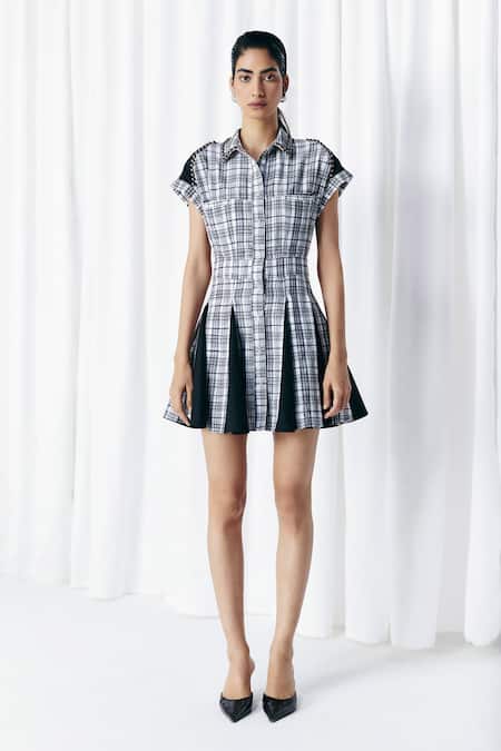 Mellowdrama Black Cotton Collared Check And Solid Panel Studded Dress 