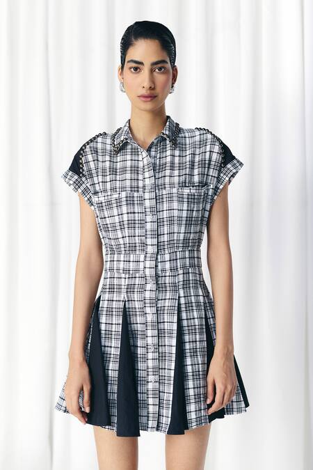 Mellowdrama_Black Cotton Collared Check And Solid Panel Studded Dress_Online_at_Aza_Fashions