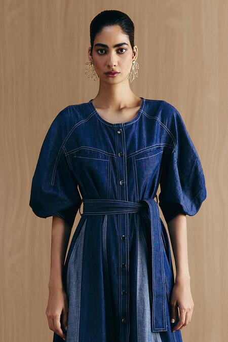 Mellowdrama Blue Cotton Round Neck Mix And Match Denim Midi Dress Online at Aza Fashions Mellowdrama_Blue Cotton Round Neck Mix And Match Denim Midi Dress_Online_at_Aza_Fashions
