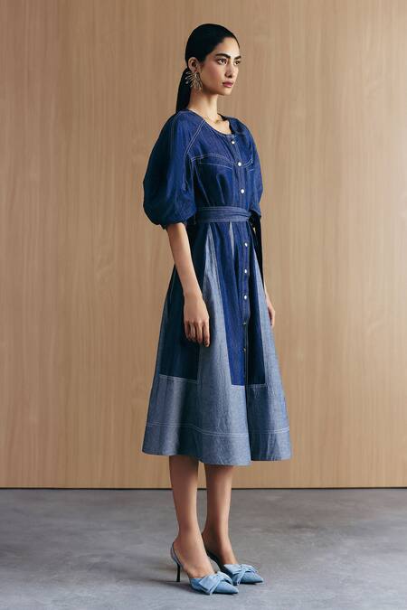 Buy Mellowdrama Blue Cotton Round Neck Mix And Match Denim Midi Dress Online at Aza Fashions Buy_Mellowdrama_Blue Cotton Round Neck Mix And Match Denim Midi Dress_Online_at_Aza_Fashions