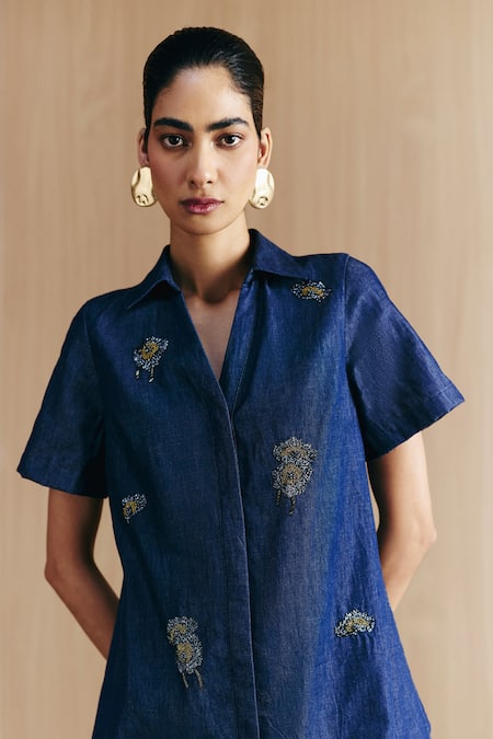 Mellowdrama Blue Cotton Embroidery Collared Denim Embellished Dress Online at Aza Fashions Mellowdrama_Blue Cotton Embroidery Collared Denim Embellished Dress_Online_at_Aza_Fashions