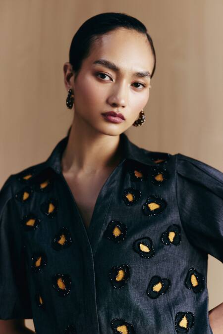 Mellowdrama_Black Cotton Embroidery Collared Denim Embellished Dress_Online_at_Aza_Fashions