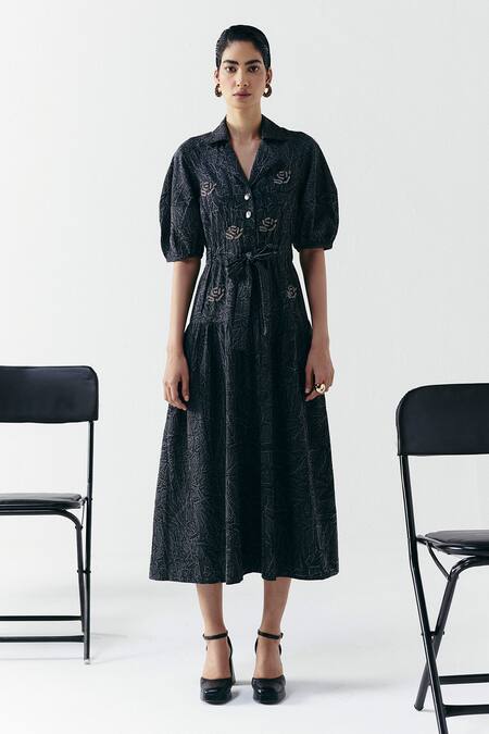 Mellowdrama_Black Cotton Embroidery Button-down Neck Washed Denim Embellished Dress_Online_at_Aza_Fashions